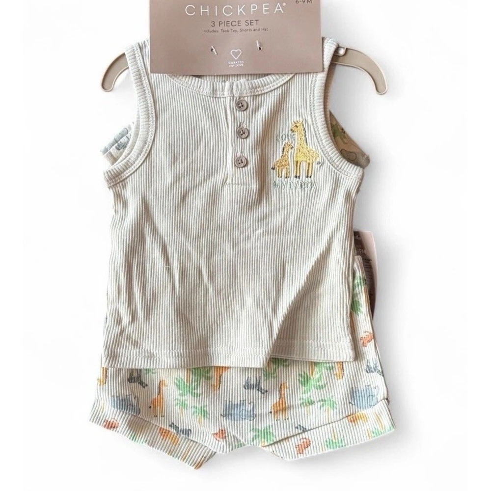 Chickpea 3-Piece Set Tank,‎ Shorts, Hat Sz 6-9M Play Clothes Zoo Animal Friends